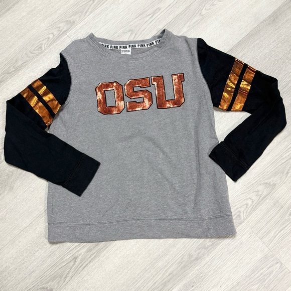 PINK Victoria Secret OSU Sweatshirt with Black and Orange Sleeves and sparkly o - Picture 1 of 8